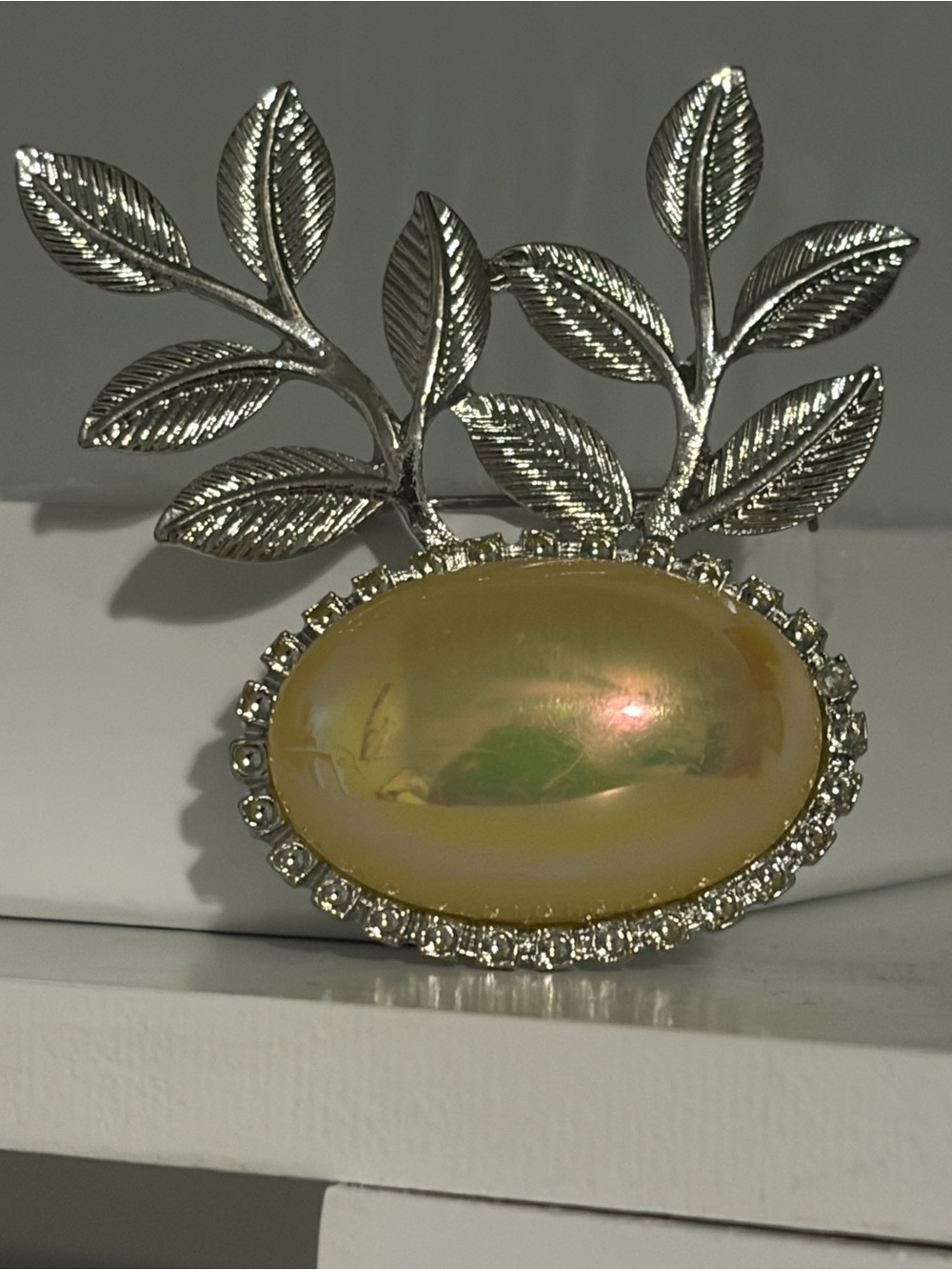 Silver Leaf Brooch with Yellow Opalescent Cabochon and Crystal Halo